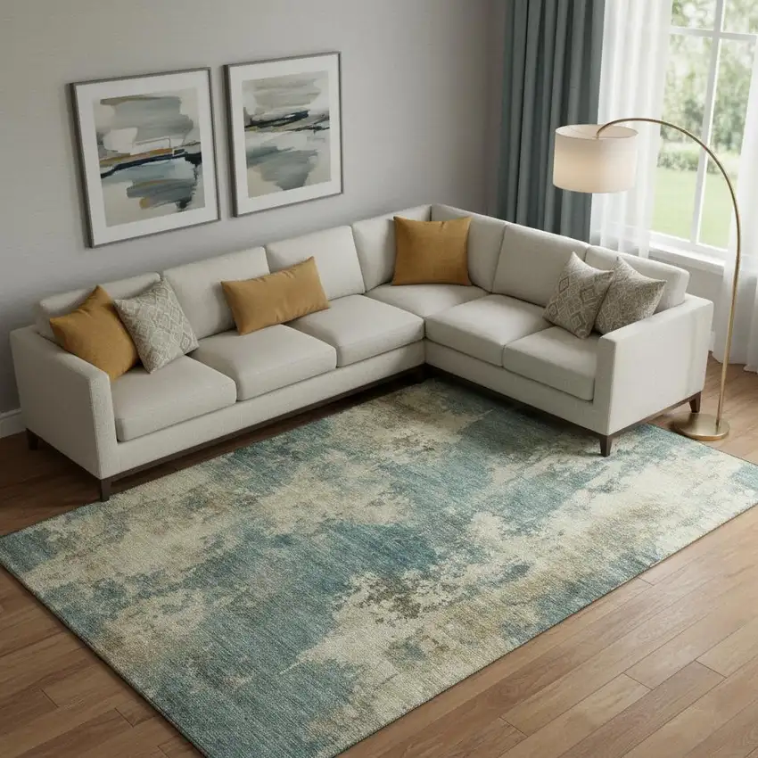 Teal And Beige Abstract Washable Area Rug With UV Protection Photo 2