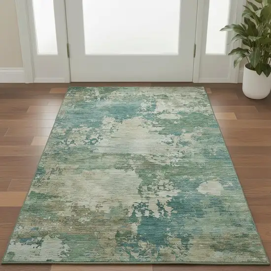 Teal And Beige Abstract Washable Area Rug With UV Protection Photo 2