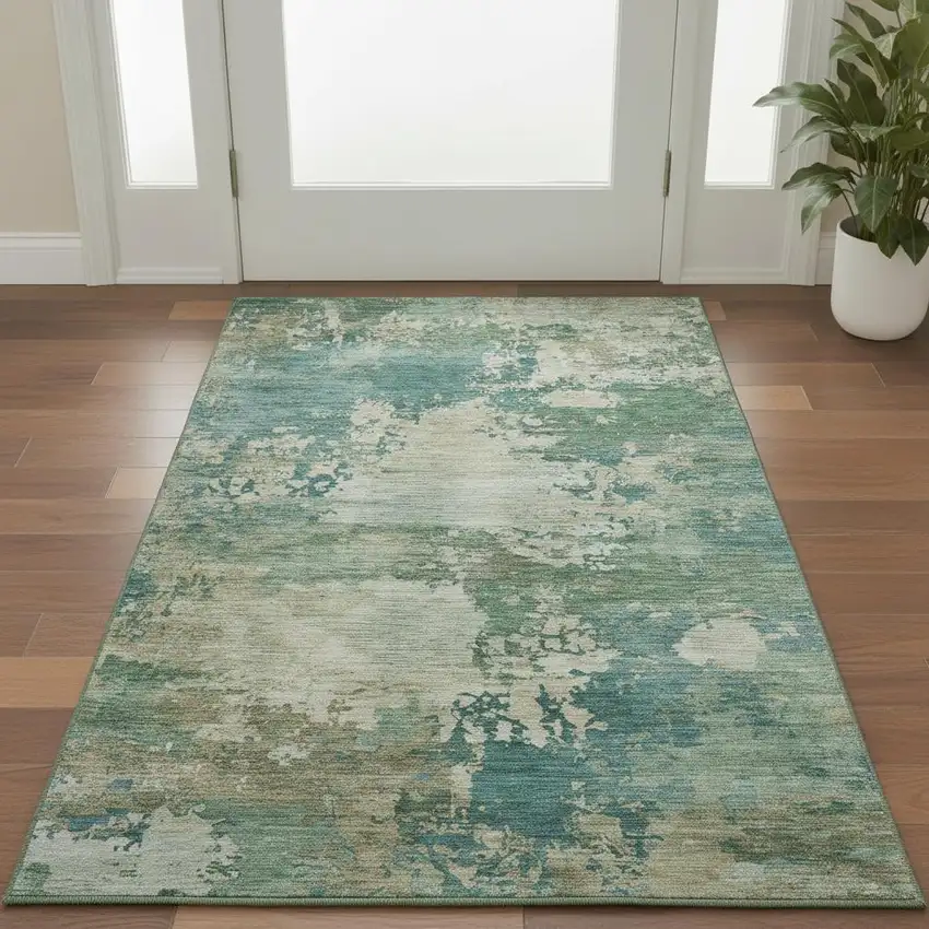 Teal And Beige Abstract Washable Area Rug With UV Protection Photo 2
