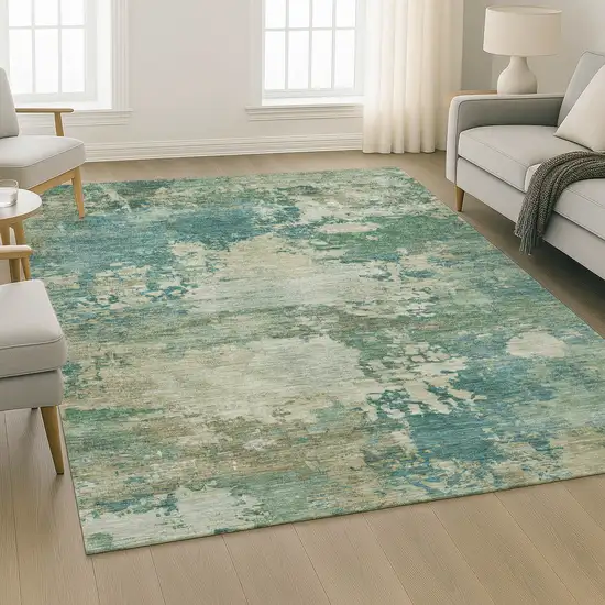 Teal And Beige Abstract Washable Area Rug With UV Protection Photo 6
