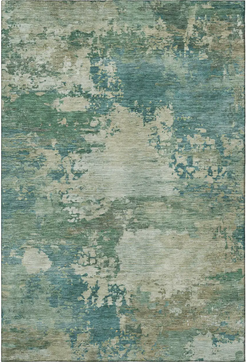 Teal And Beige Abstract Washable Area Rug With UV Protection Photo 4