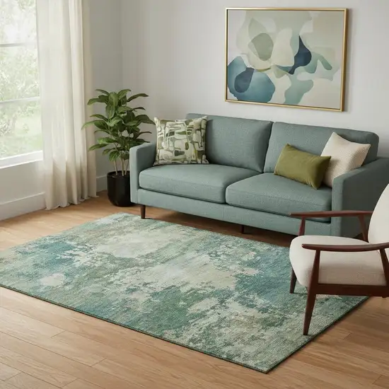 Teal And Beige Abstract Washable Area Rug With UV Protection Photo 2