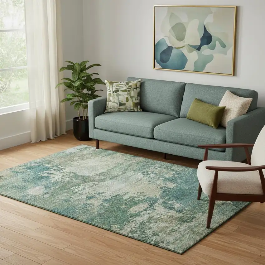 Teal And Beige Abstract Washable Area Rug With UV Protection Photo 2