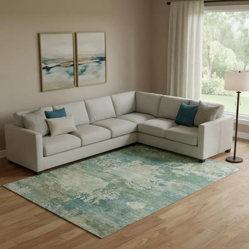 Teal And Beige Abstract Washable Area Rug With UV Protection Photo 2