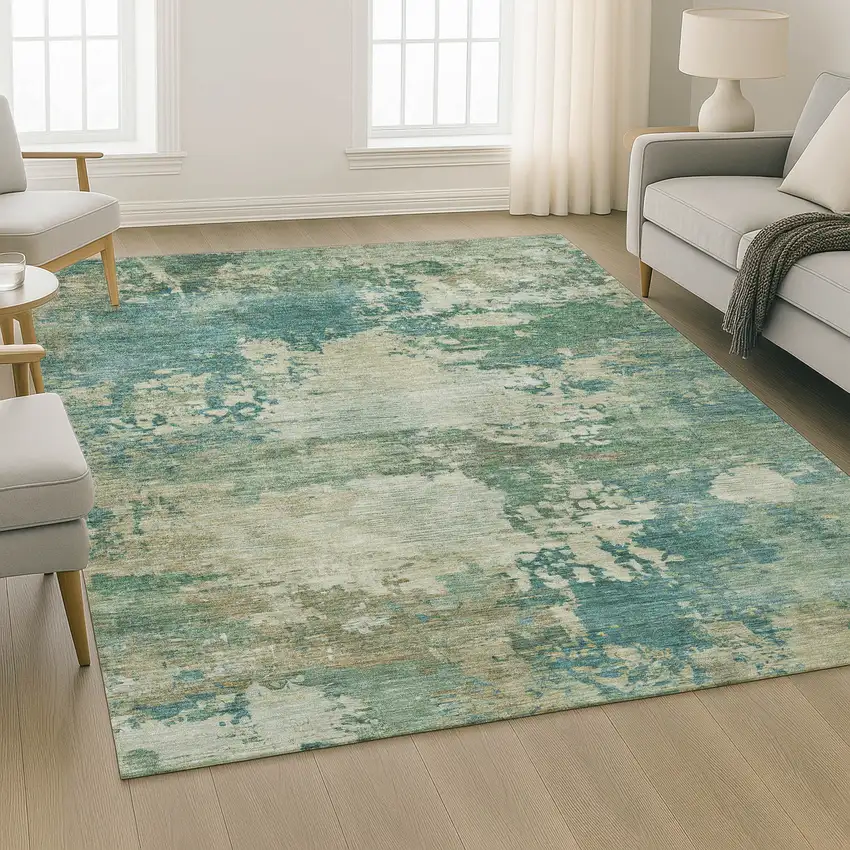 Teal And Beige Abstract Washable Area Rug With UV Protection Photo 6