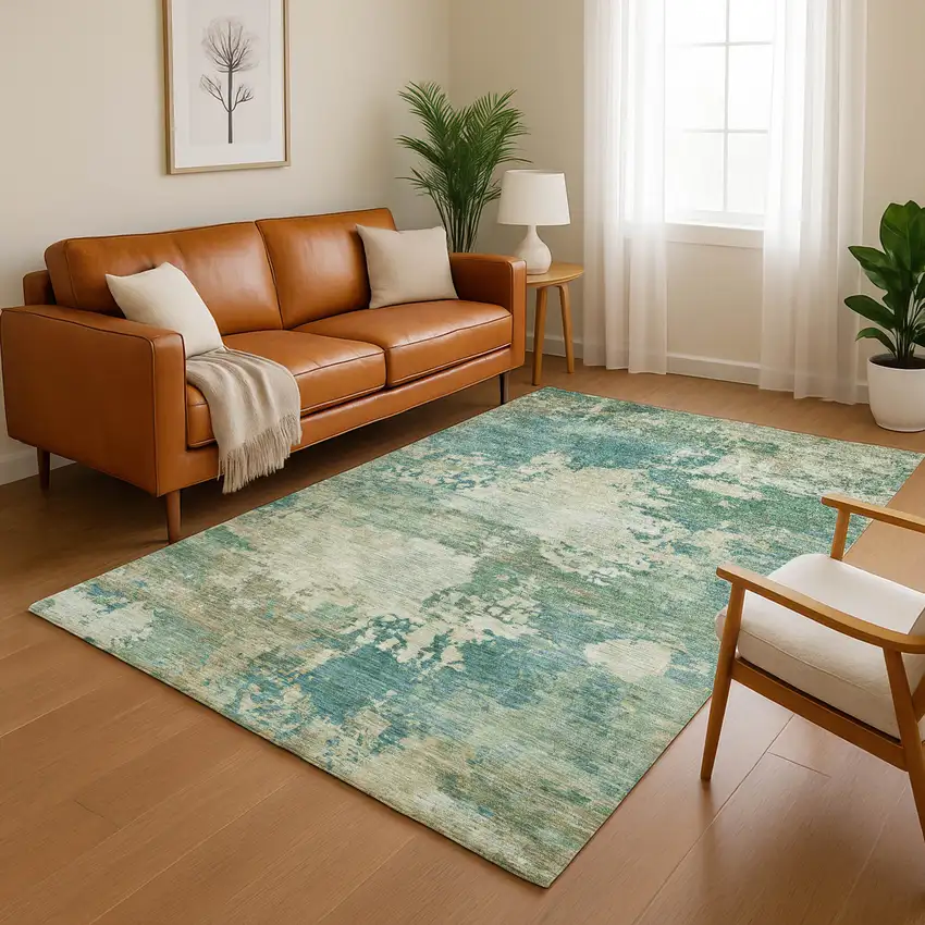 Teal And Beige Abstract Washable Area Rug With UV Protection Photo 5