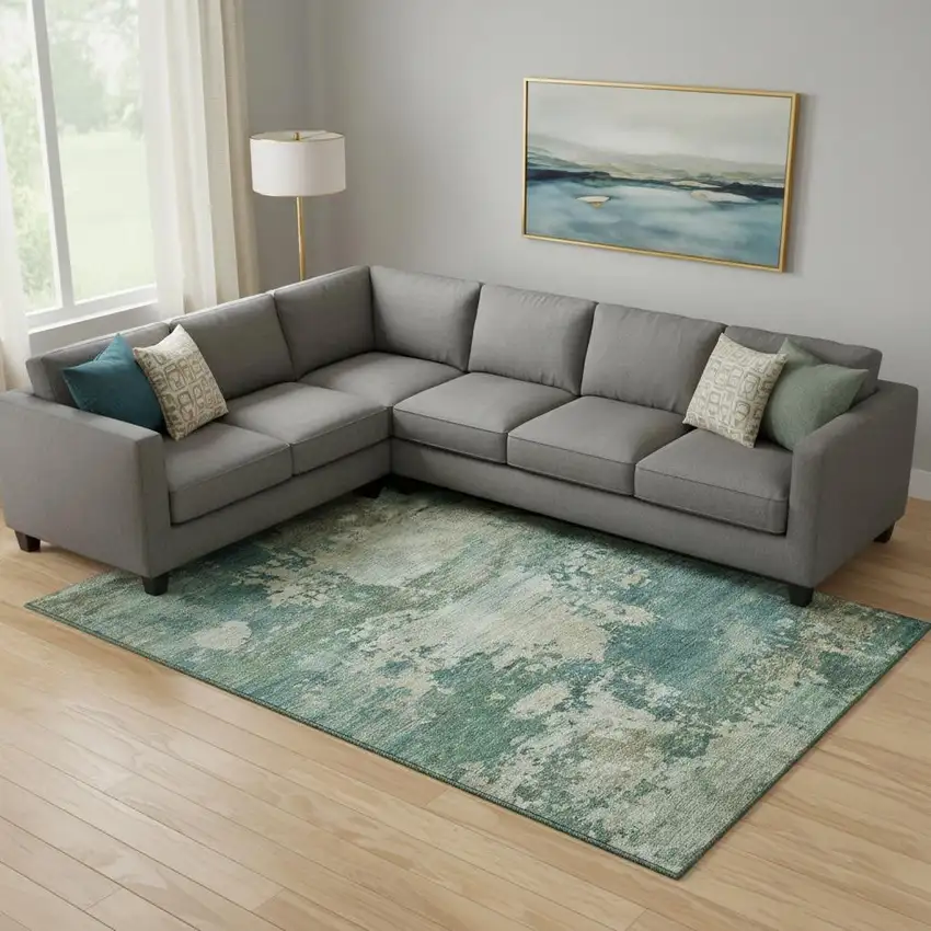 Teal And Beige Abstract Washable Area Rug With UV Protection Photo 2