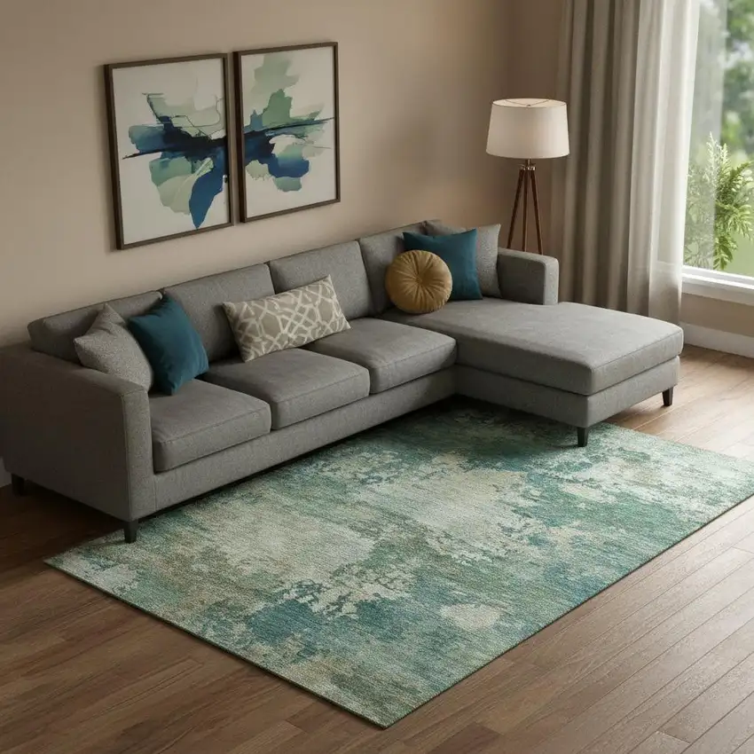 Teal And Beige Abstract Washable Area Rug With UV Protection Photo 1