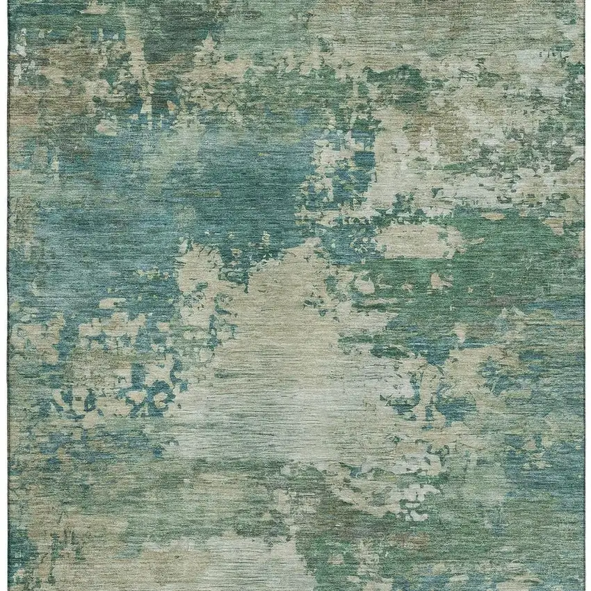 Teal And Beige Abstract Washable Area Rug With UV Protection Photo 3