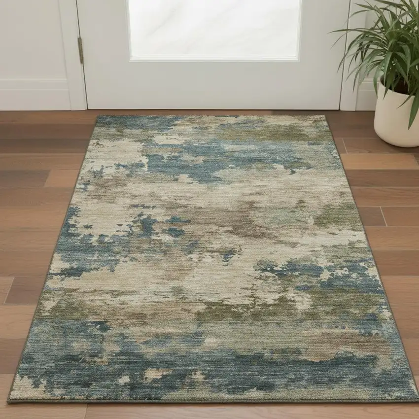 Teal And Beige Abstract Washable Area Rug With UV Protection Photo 2