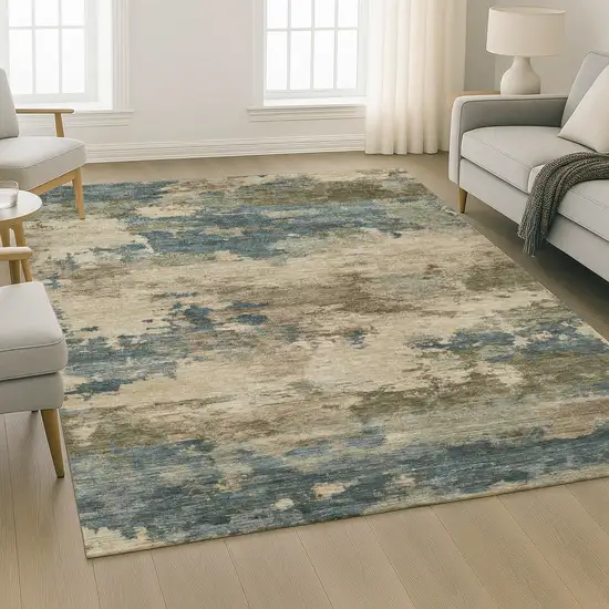 Teal And Beige Abstract Washable Area Rug With UV Protection Photo 6