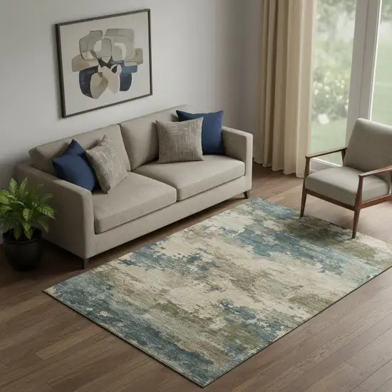 Teal And Beige Abstract Washable Area Rug With UV Protection Photo 2