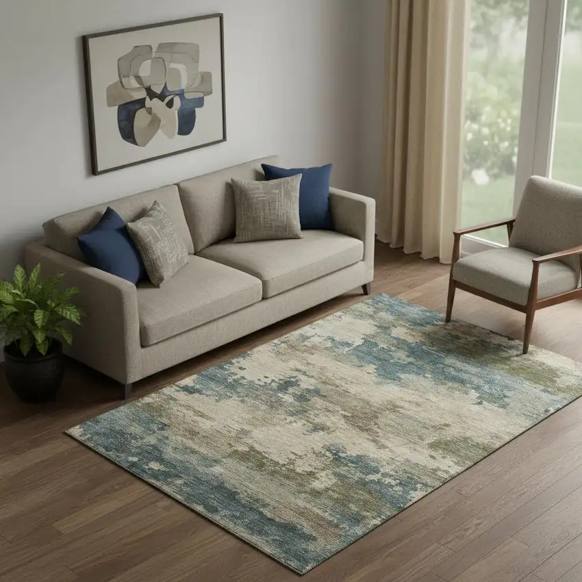 Teal And Beige Abstract Washable Area Rug With UV Protection Photo 2