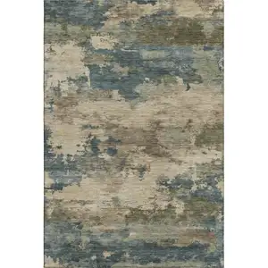 Photo of Teal And Beige Abstract Washable Area Rug With UV Protection