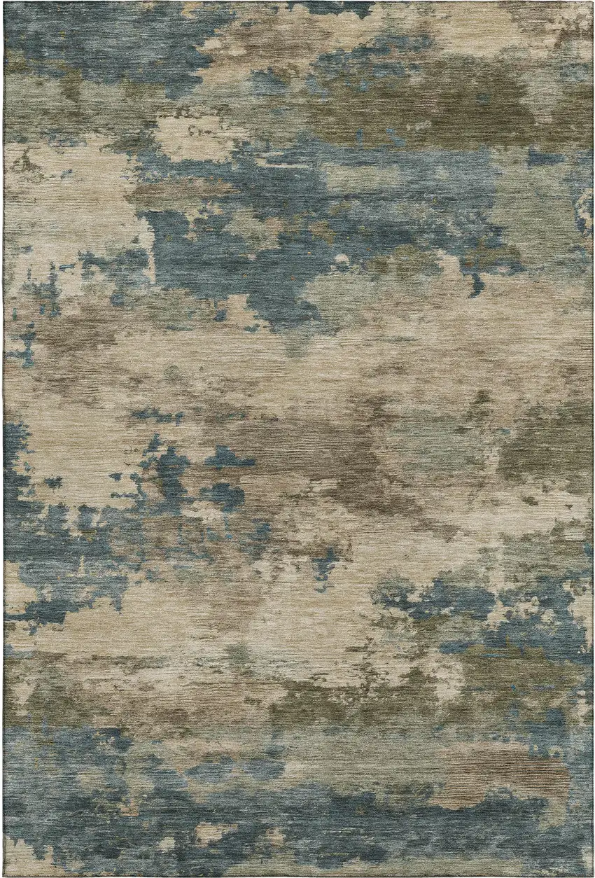 Teal And Beige Abstract Washable Area Rug With UV Protection Photo 1