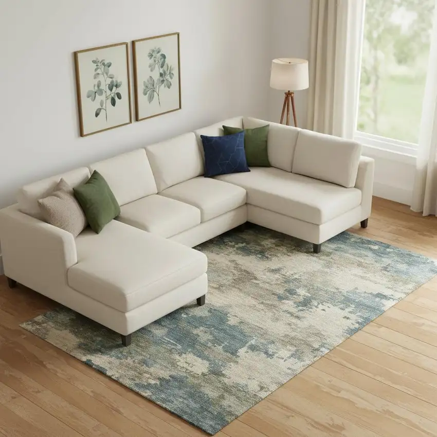 Teal And Beige Abstract Washable Area Rug With UV Protection Photo 2