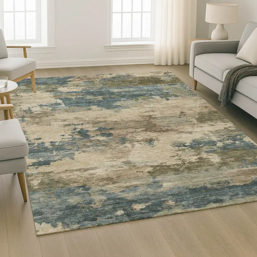 Teal And Beige Abstract Washable Area Rug With UV Protection Photo 6
