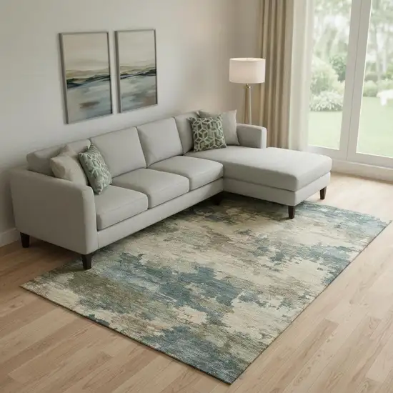 Teal And Beige Abstract Washable Area Rug With UV Protection Photo 2