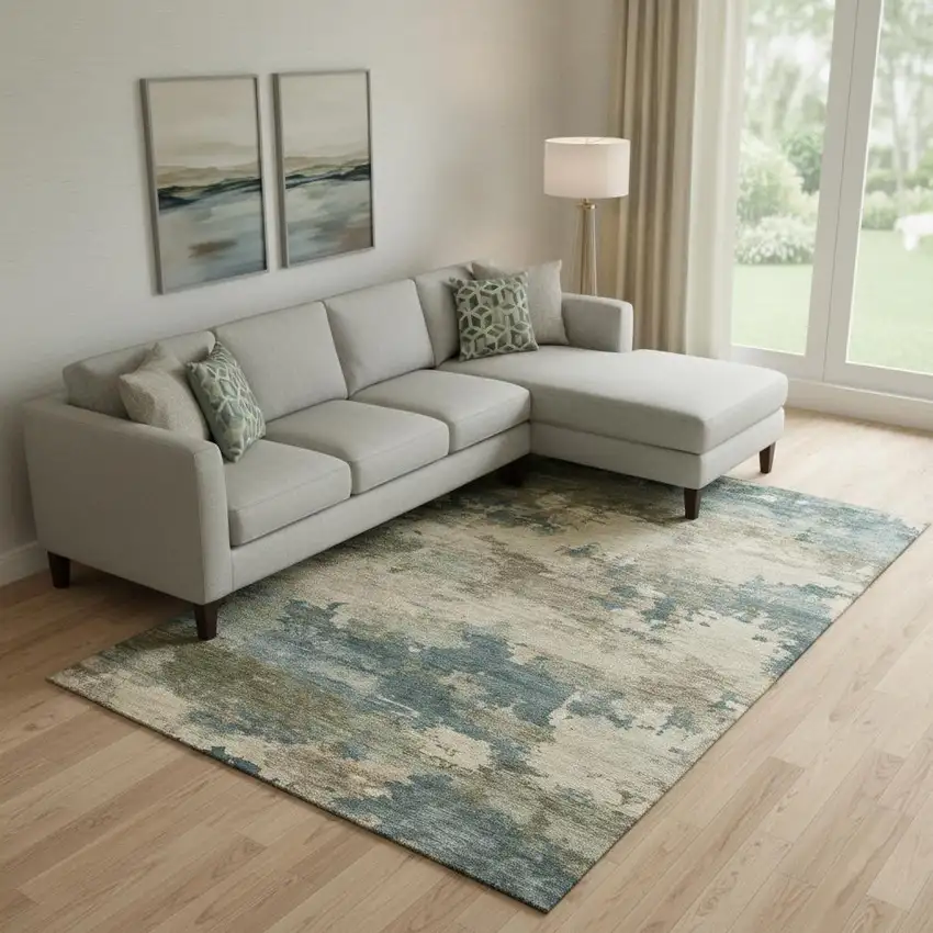 Teal And Beige Abstract Washable Area Rug With UV Protection Photo 2