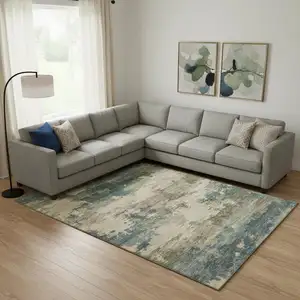 Photo of Teal And Beige Abstract Washable Area Rug With UV Protection