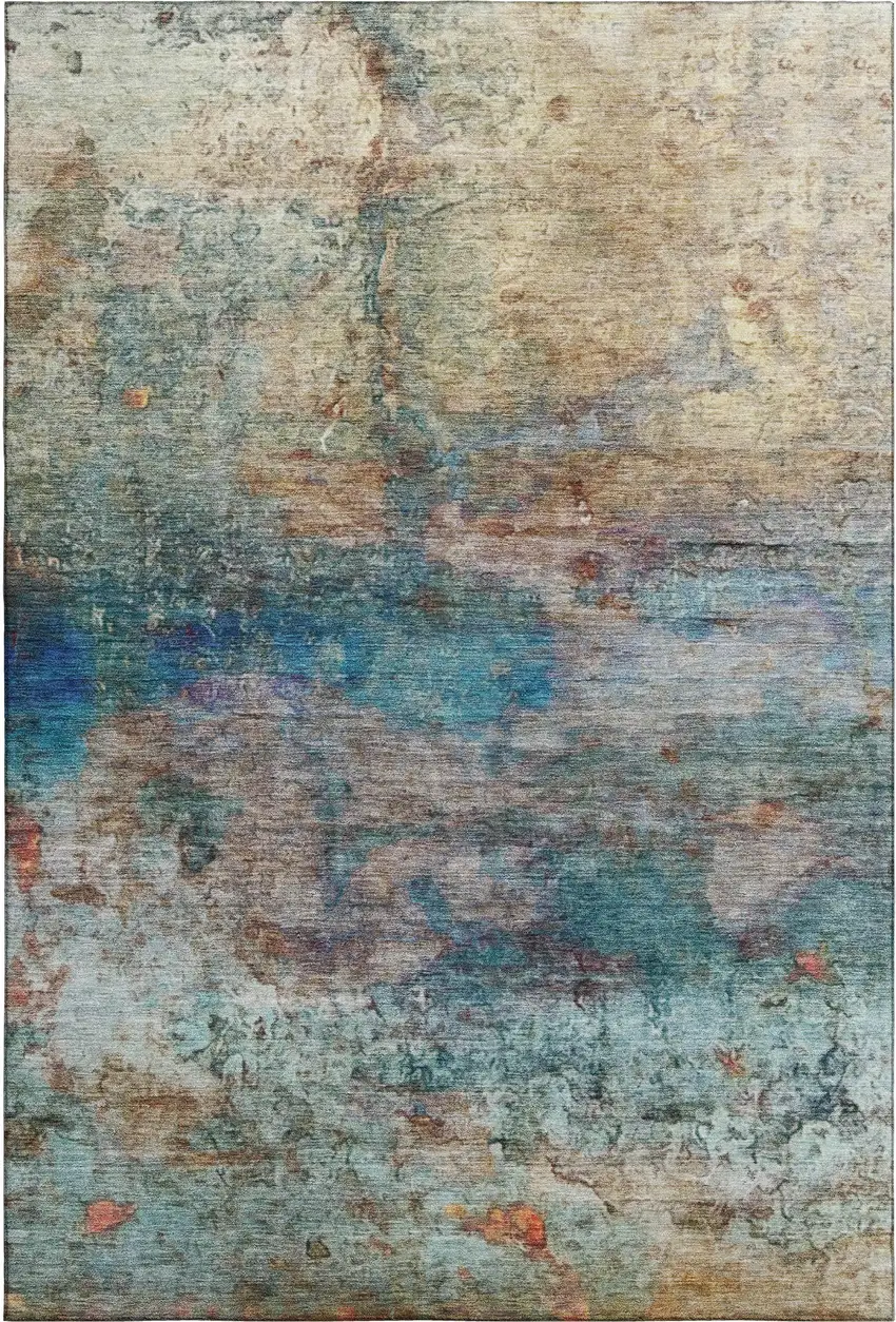 Teal And Beige Abstract Washable Area Rug With UV Protection Photo 1