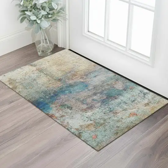 Teal And Beige Abstract Washable Area Rug With UV Protection Photo 2