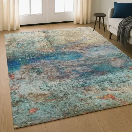 Teal And Beige Abstract Washable Area Rug With UV Protection Photo 5