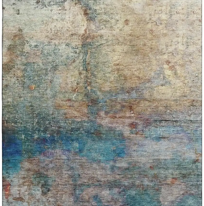 Teal And Beige Abstract Washable Area Rug With UV Protection Photo 4