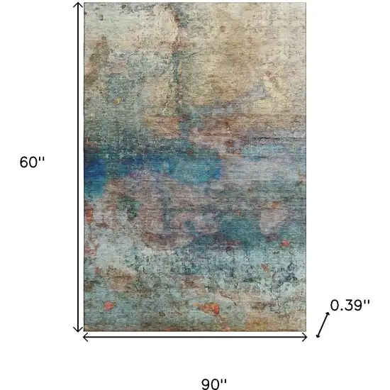 Teal And Beige Abstract Washable Area Rug With UV Protection Photo 9