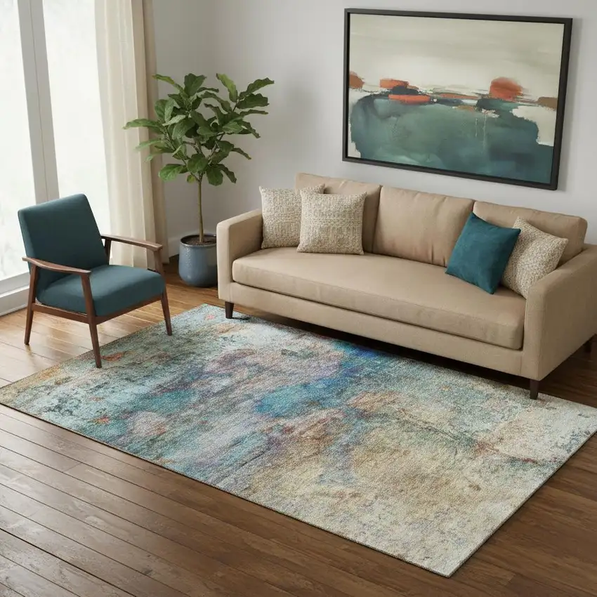 Teal And Beige Abstract Washable Area Rug With UV Protection Photo 2