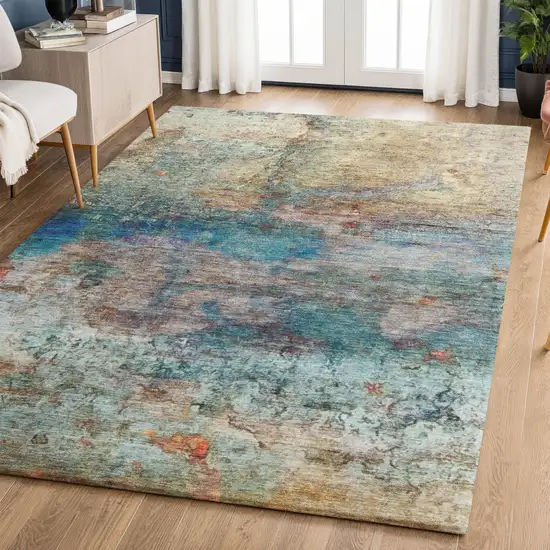 Teal And Beige Abstract Washable Area Rug With UV Protection Photo 6