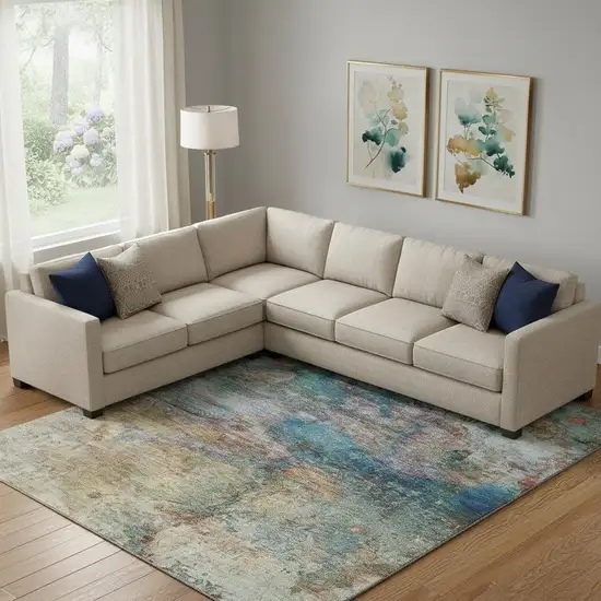 Teal And Beige Abstract Washable Area Rug With UV Protection Photo 2