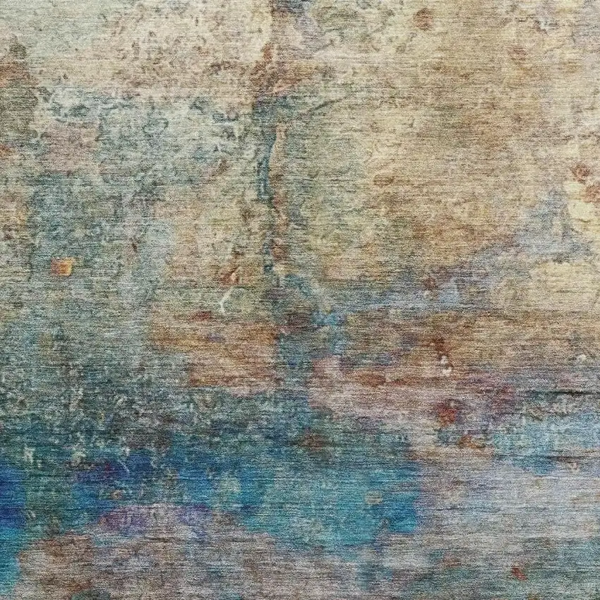 Teal And Beige Abstract Washable Area Rug With UV Protection Photo 3