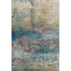 Photo of Teal And Beige Abstract Washable Area Rug With UV Protection