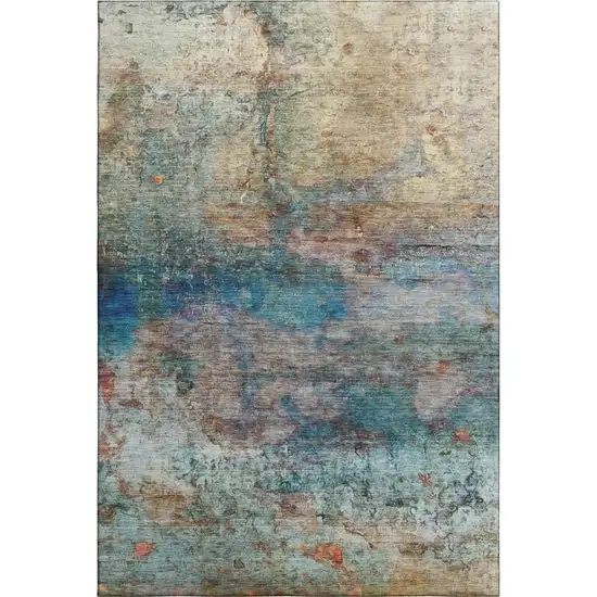 Teal And Beige Abstract Washable Area Rug With UV Protection Photo 1