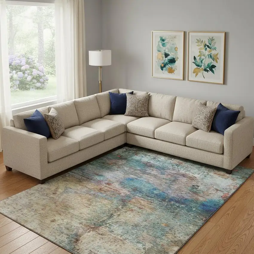 Teal And Beige Abstract Washable Area Rug With UV Protection Photo 1