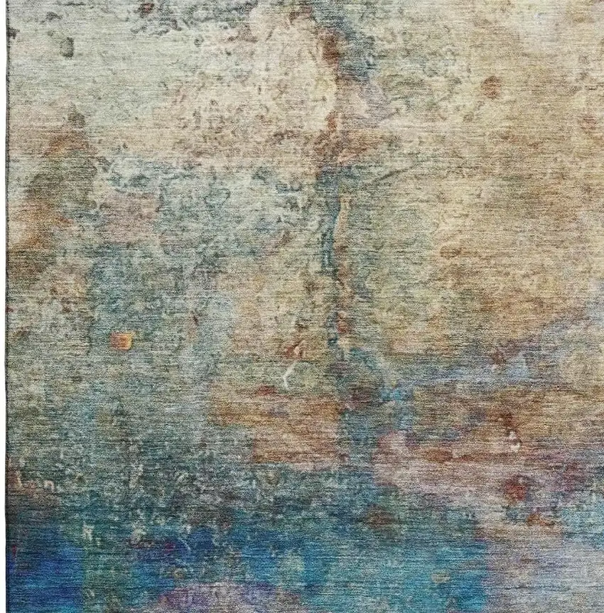 Teal And Beige Abstract Washable Area Rug With UV Protection Photo 3