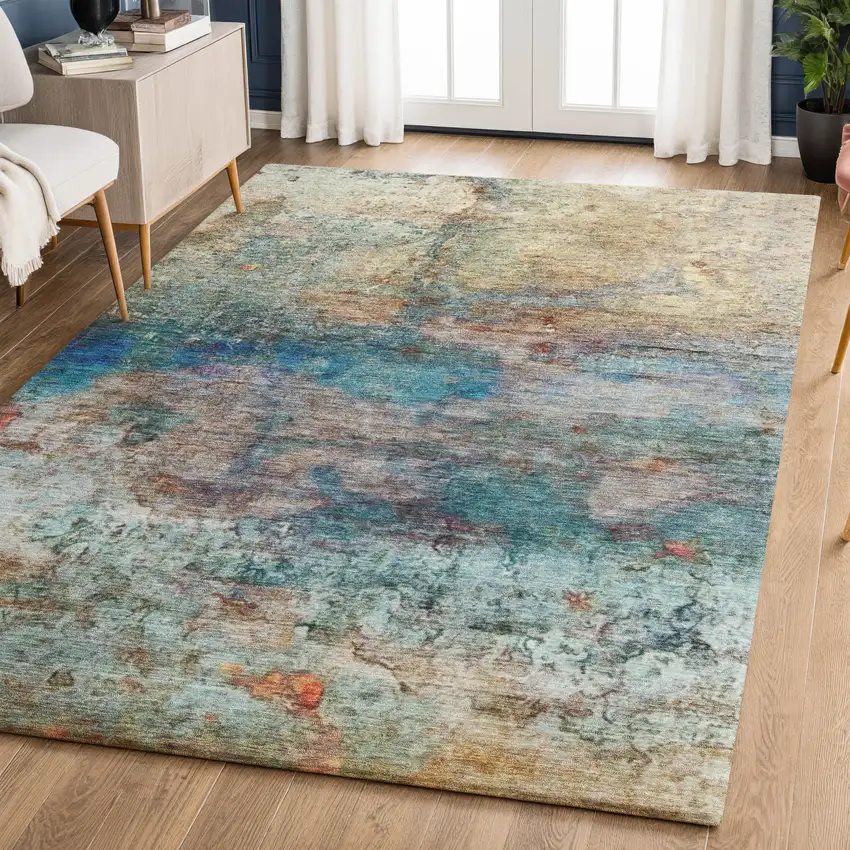 Teal And Beige Abstract Washable Area Rug With UV Protection Photo 6