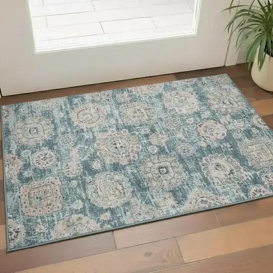 Teal And Beige Floral Washable Area Rug With UV Protection Photo 1