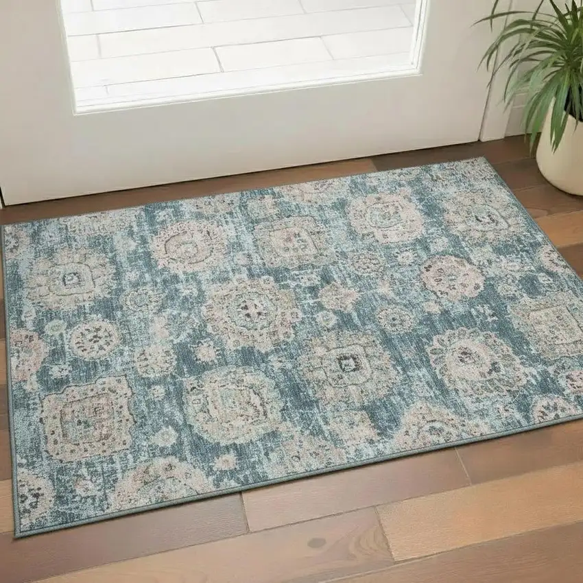 Teal And Beige Floral Washable Area Rug With UV Protection Photo 1