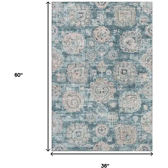Teal And Beige Floral Washable Area Rug With UV Protection Photo 3