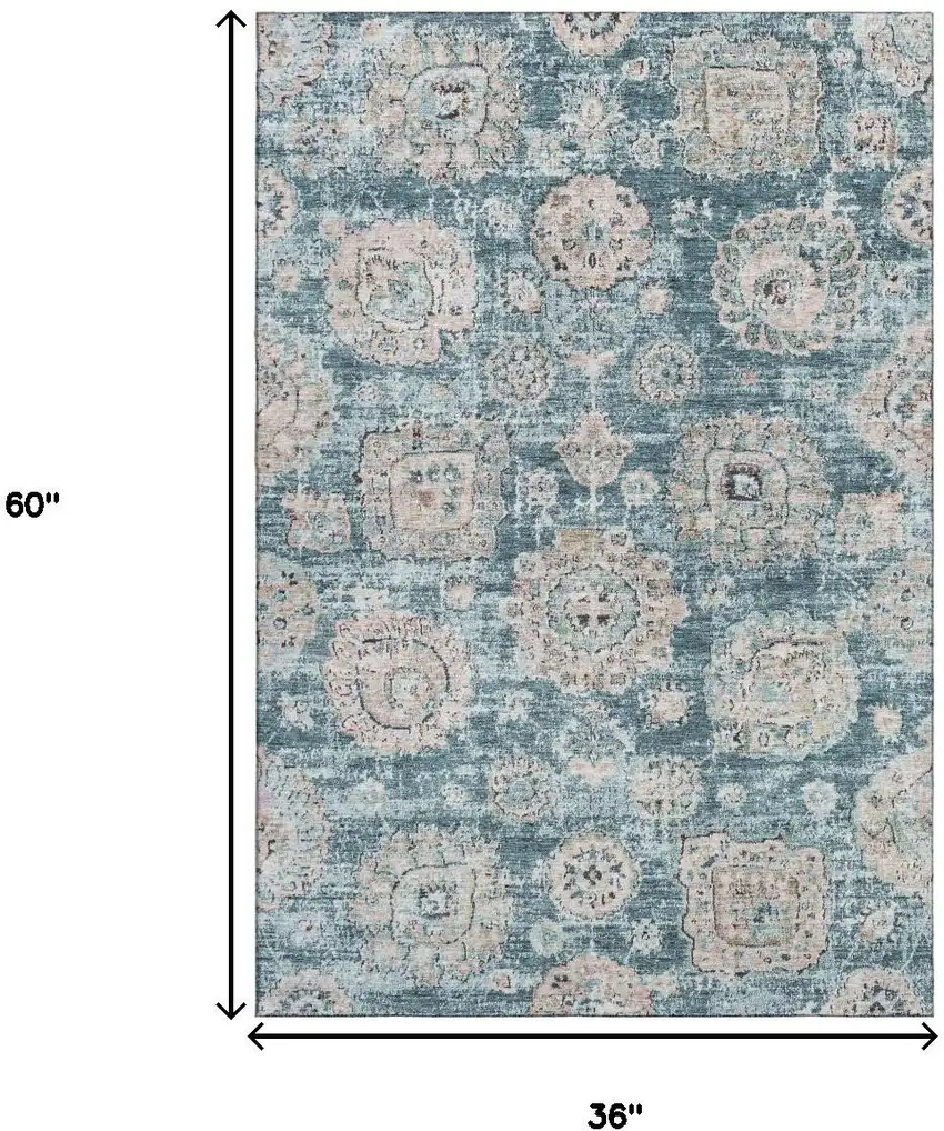 Teal And Beige Floral Washable Area Rug With UV Protection Photo 3