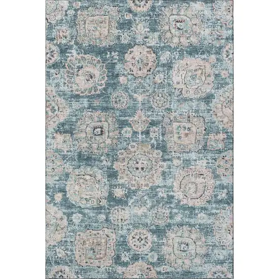 Teal And Beige Floral Washable Area Rug With UV Protection Photo 4