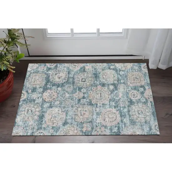 Teal And Beige Floral Washable Area Rug With UV Protection Photo 2