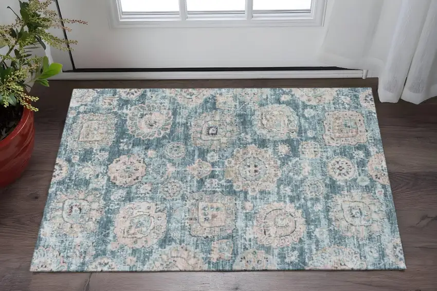 Teal And Beige Floral Washable Area Rug With UV Protection Photo 2
