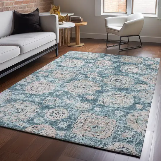Teal And Beige Floral Washable Area Rug With UV Protection Photo 5