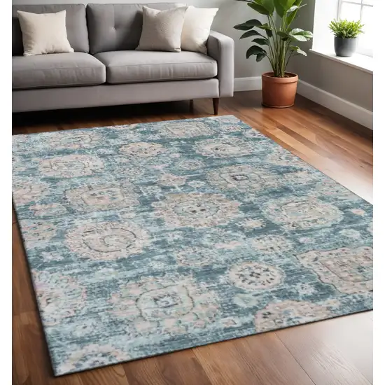Teal And Beige Floral Washable Area Rug With UV Protection Photo 2
