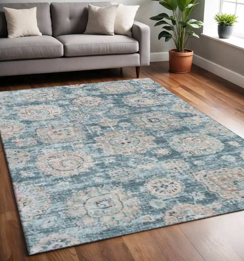 Teal And Beige Floral Washable Area Rug With UV Protection Photo 2