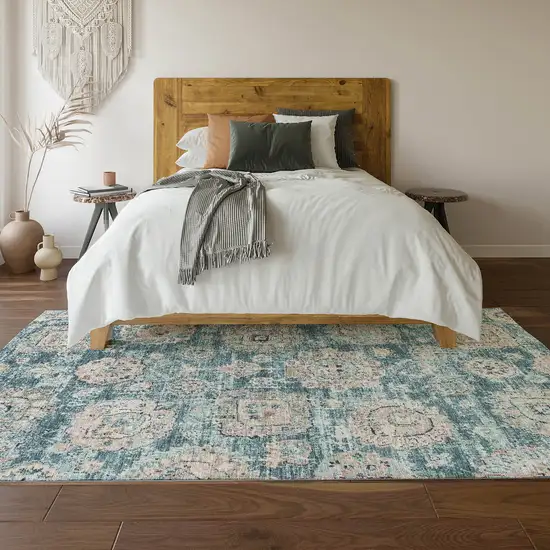 Teal And Beige Floral Washable Area Rug With UV Protection Photo 6