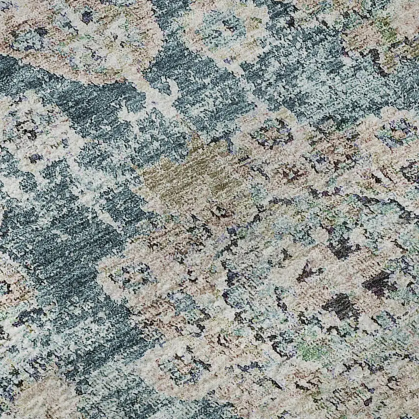 Teal And Beige Floral Washable Area Rug With UV Protection Photo 9